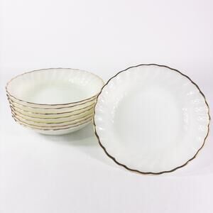 8 Vtg Anchor Hocking Fire King 7 1/2" Gold Rim Scalloped Swirl Soup/Salad Bowls